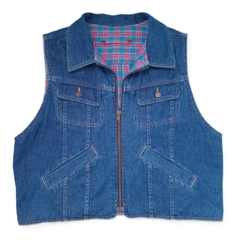 Vintage Lizwear Sleeveless Jean Vest Denim Reversible Plaid Short Size M